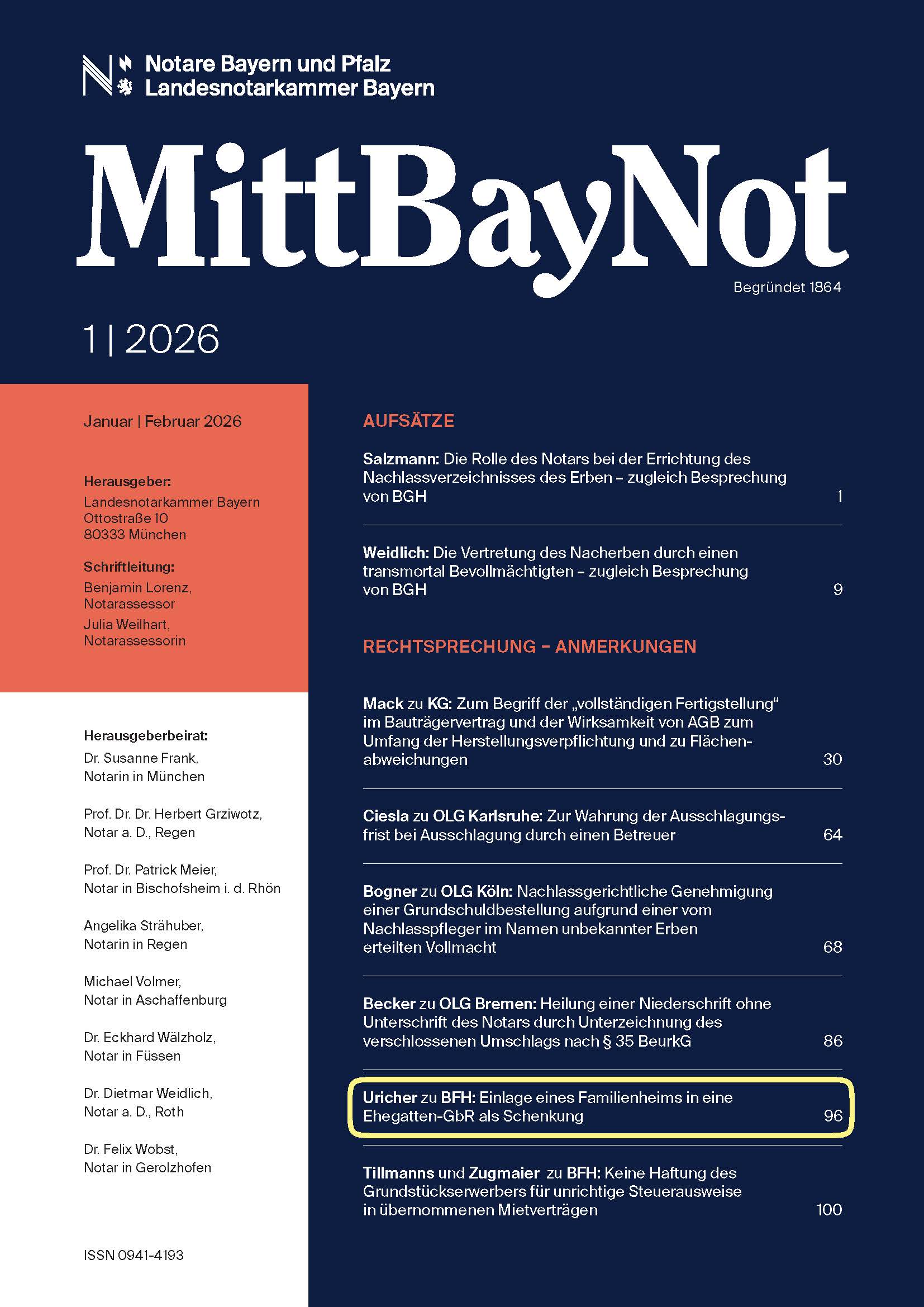Ausgabe der MittBayNot (2026, Heft 1)